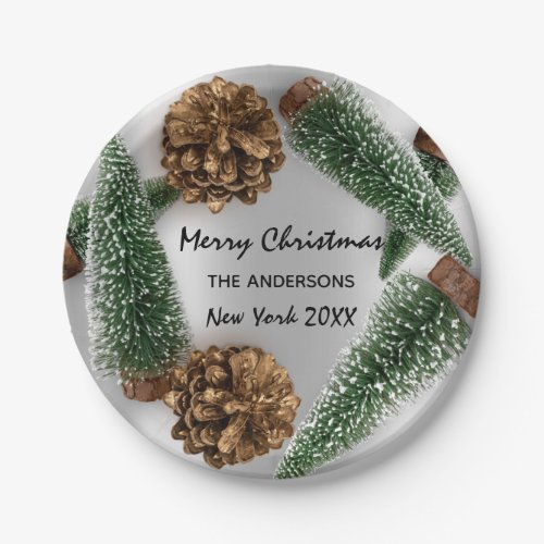Merry Christmas Tree Green White Snow Silver Paper Plates