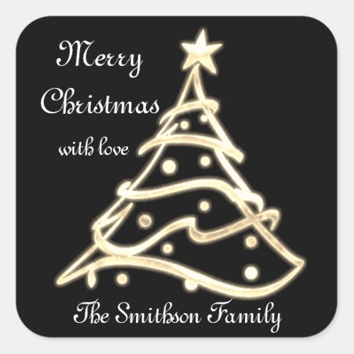 Merry Christmas Tree Happy New Year Black Gold  Square Sticker