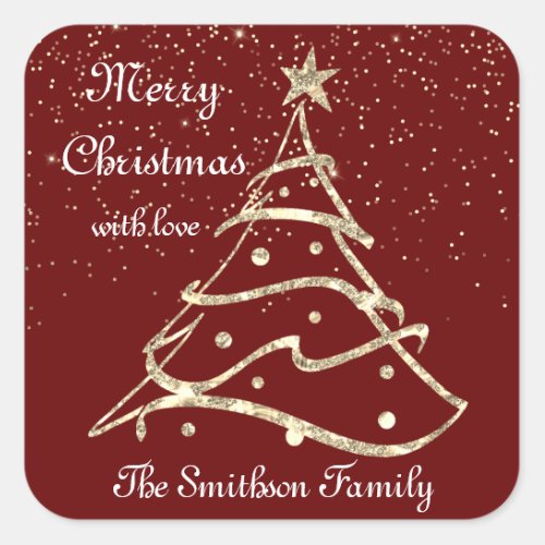 Merry Christmas Tree Happy New Year Burgundy Gold  Square Sticker