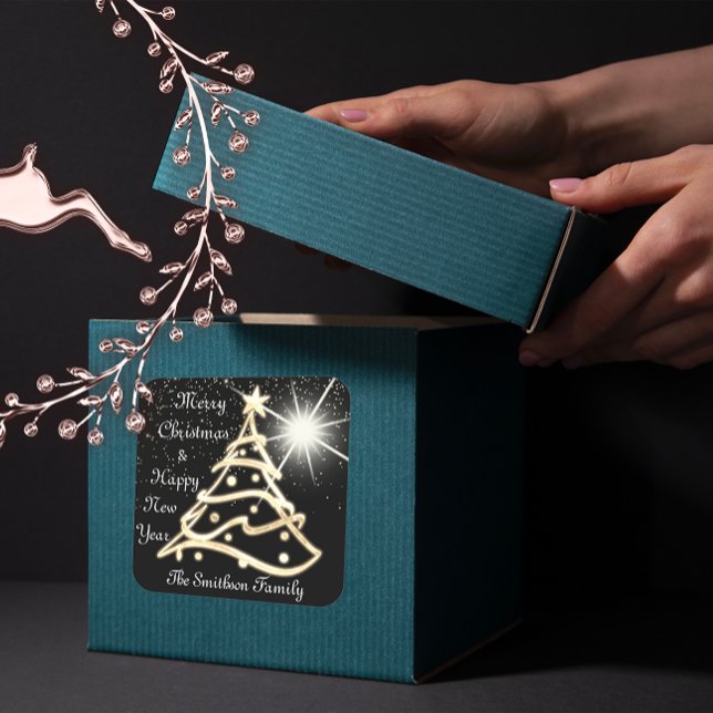 Merry Christmas Tree Happy New Year Gold Black Square Sticker (Merry Christmas Tree Happy New Year Gold Black Square Sticker)