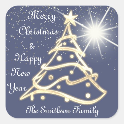 Merry Christmas Tree Happy New Year Gold Blue Square Sticker