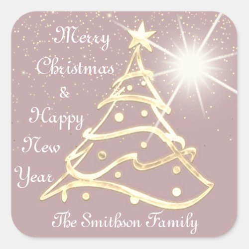 Merry Christmas Tree Happy New Year Gold Blush Square Sticker