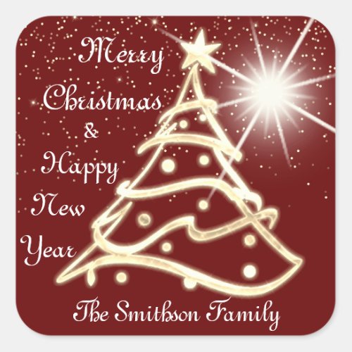 Merry Christmas Tree Happy New Year Gold Burgundy Square Sticker