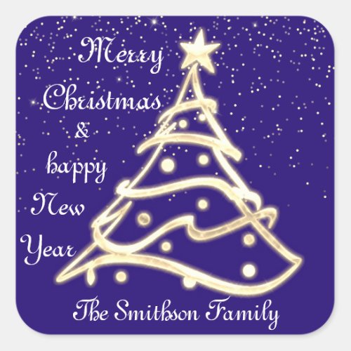 Merry Christmas Tree Happy New Year Gold Navy Square Sticker