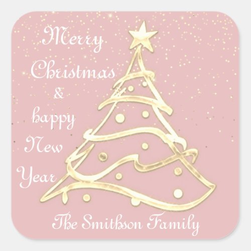Merry Christmas Tree Happy New Year Gold Pink Square Sticker