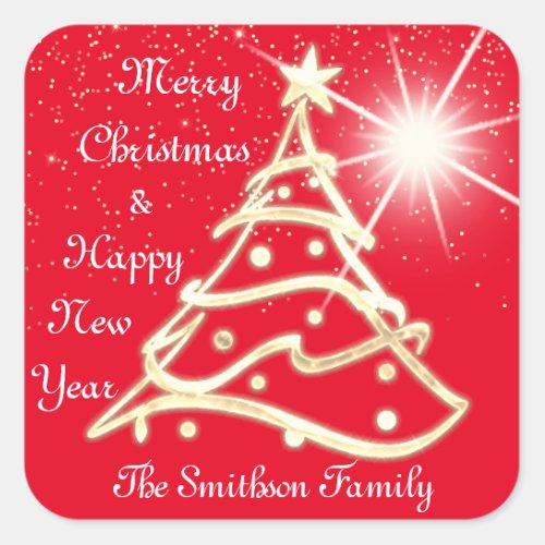 Merry Christmas Tree Happy New Year Gold Red Square Sticker