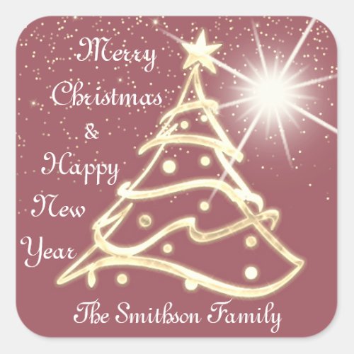 Merry Christmas Tree Happy New Year Gold Rose Square Sticker