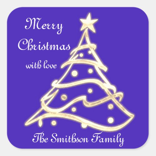 Merry Christmas Tree Happy New Year Gold Royal Blu Square Sticker