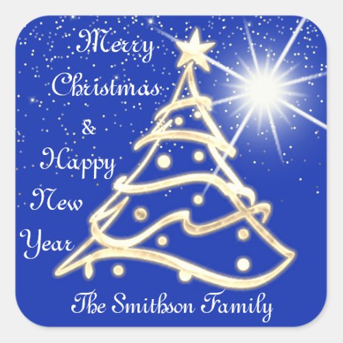 Merry Christmas Tree Happy New Year Gold Royal Square Sticker