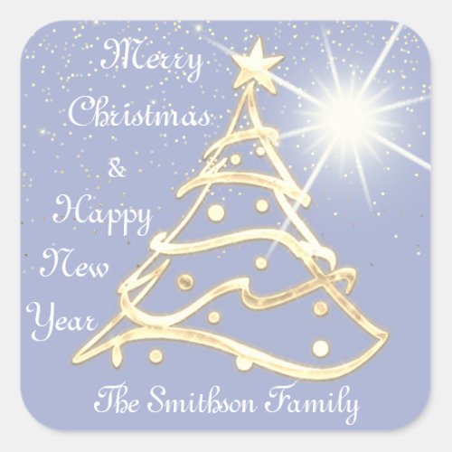 Merry Christmas Tree Happy New Year Gold Stars Square Sticker