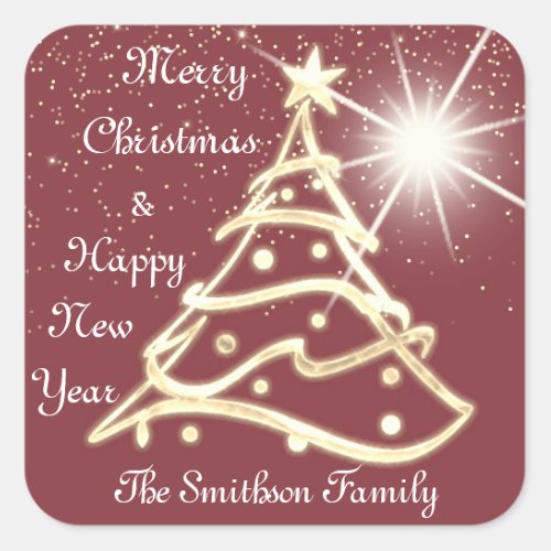 Merry Christmas Tree Happy New Year Gold Stars Square Sticker