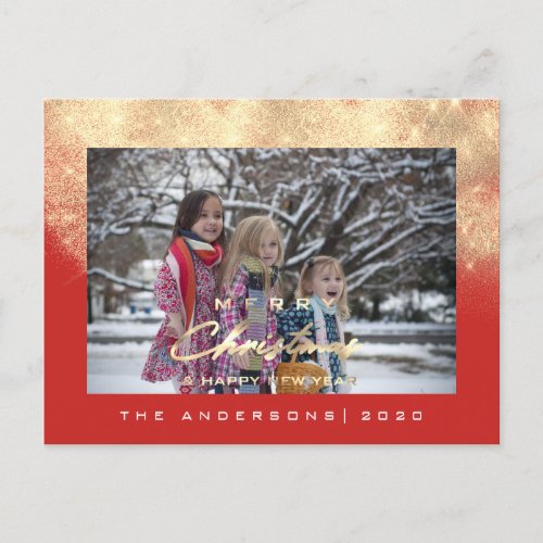 Merry Christmas Tree Happy Year Gold Glitter Red Postcard