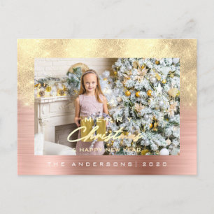 Merry Christmas Tree Happy Year Metal Gold Brushed Postcard