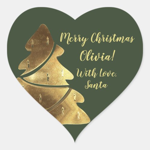 Merry Christmas Tree Hunter Green Gold Elegant Heart Sticker