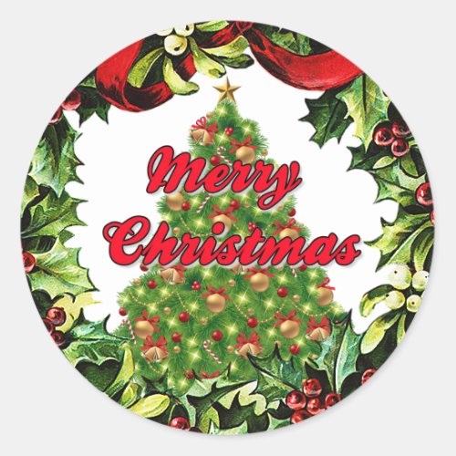 Merry Christmas Tree in Wreath Round Sticker