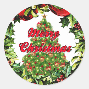 Merry Christmas Tree in Wreath Round Sticker