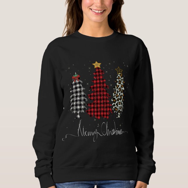 Merry Christmas Tree Leopard Plaid Printed Sweatshirt (Front)