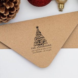 Merry Christmas Tree Lettering Name Return Address Self-inking Stamp