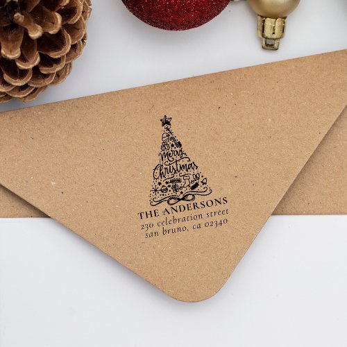 Merry Christmas Tree Lettering Name Return Address Self_inking Stamp