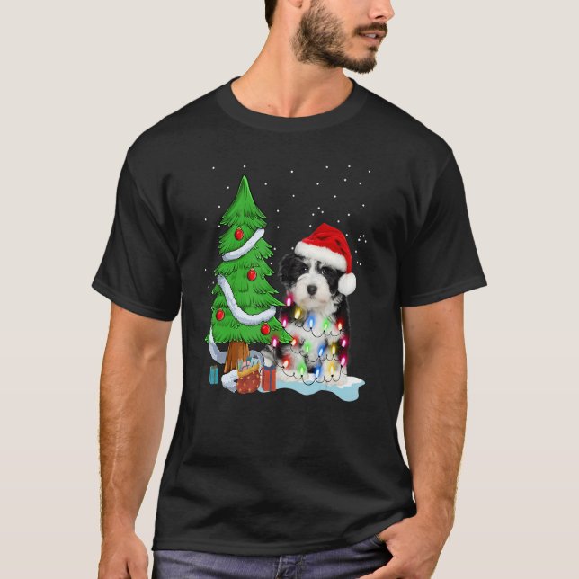 Merry Christmas Tree Light Santa Hat Dog Shih Tzu  T-Shirt (Front)