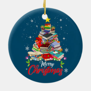Merry Christmas Tree Love Reading Books Librarian Ceramic Ornament