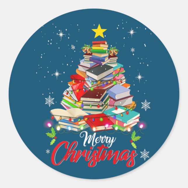 Merry Christmas Tree Love Reading Books Librarian Classic Round Sticker (Front)