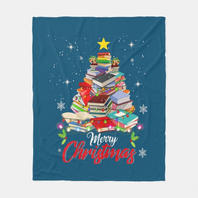 Merry Christmas Tree Love Reading Books Librarian Fleece Blanket (Front)