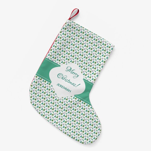 Merry Christmas Tree Mint Green Monogram Small Christmas Stocking (Front (Hanging))