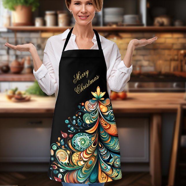 Merry Christmas Tree Modern Boho Chic Apron (Merry Christmas Tree Modern Boho Chic Apron with Personalized greeting)