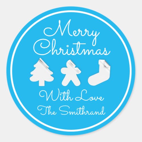 Merry Christmas Tree Name Aqua Blue Frame Classic Round Sticker