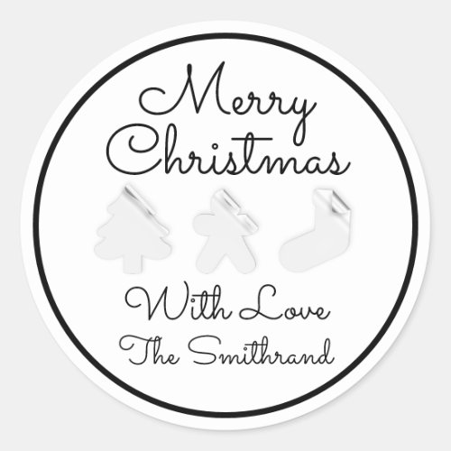 Merry Christmas Tree Name Black White Framed C Classic Round Sticker