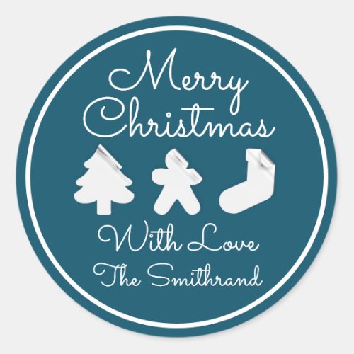 Merry Christmas Tree Name  Blue teal Frame  Classic Round Sticker