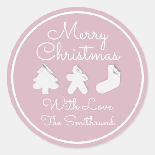 Merry Christmas Tree Name Blush White Framed  Classic Round Sticker