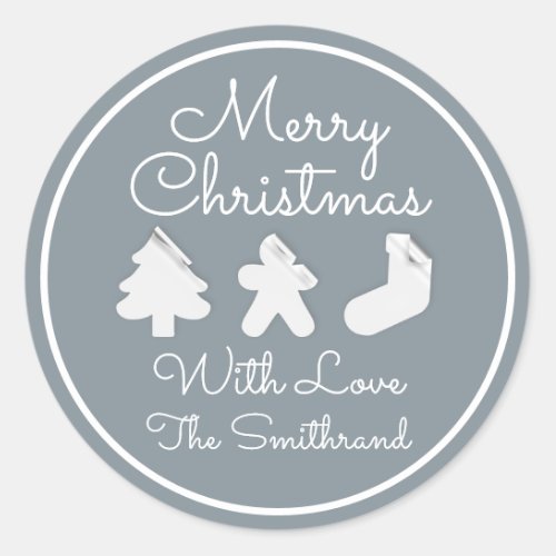 Merry Christmas Tree Name Gray Blue Framed  Classic Round Sticker