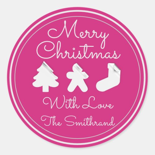 Merry Christmas Tree Name Gray Pink Modern   Classic Round Sticker