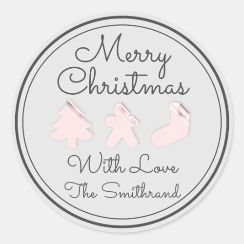 Merry Christmas Tree Name Gray Powder Blush Gray Classic Round Sticker