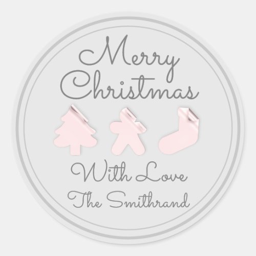 Merry Christmas Tree Name Gray Powder Blush Pink Classic Round Sticker