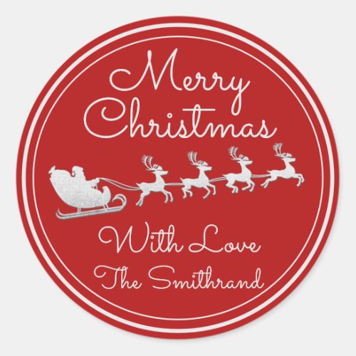 Merry Christmas Tree Name Gray Red Santa Clause  Classic Round Sticker