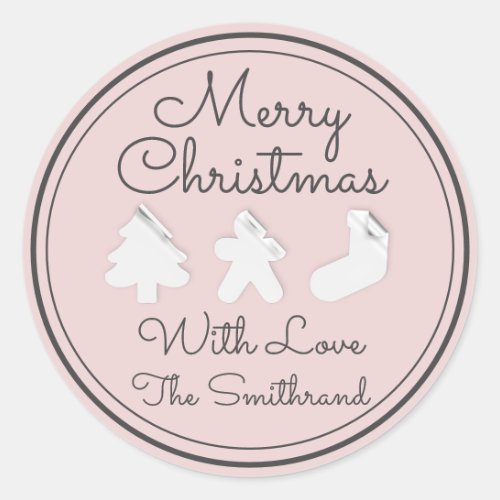 Merry Christmas Tree Name Gray White Modern Blush Classic Round Sticker