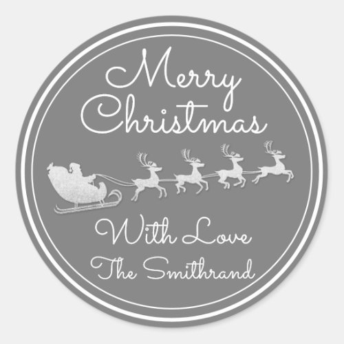 Merry Christmas Tree Name Gray White Silver Sleigh Classic Round Sticker