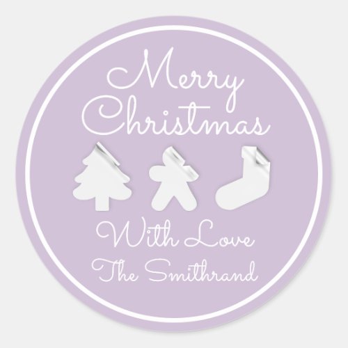 Merry Christmas Tree Name Lavender White Framed Classic Round Sticker