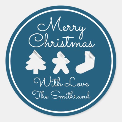 Merry Christmas Tree Name Navy White Framed Classic Round Sticker