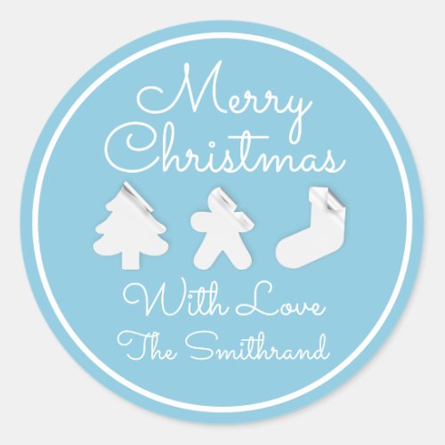 Merry Christmas Tree Name Pastel Blue Frame  Classic Round Sticker