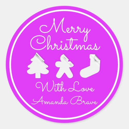 Merry Christmas  Tree Name Pink Violet Famed Classic Round Sticker
