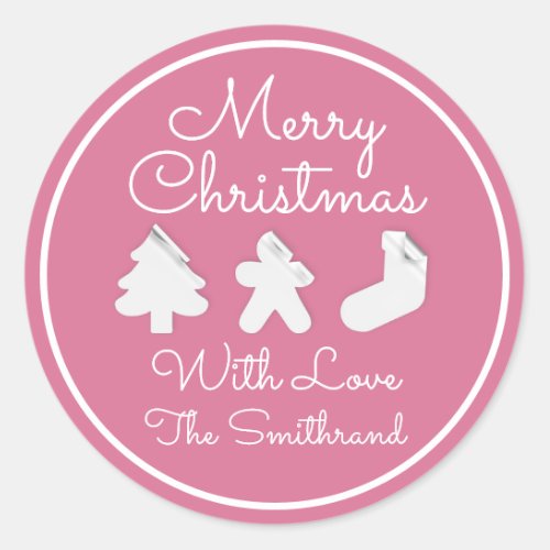 Merry Christmas Tree Name Pink White Framed Classic Round Sticker