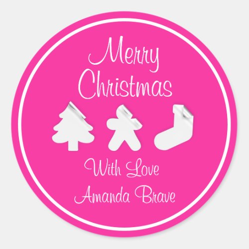 Merry Christmas  Tree Name Pink White Framed Classic Round Sticker