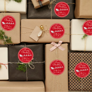 Merry Christmas Tree Name Red Silver Santa Sleigh Classic Round Sticker