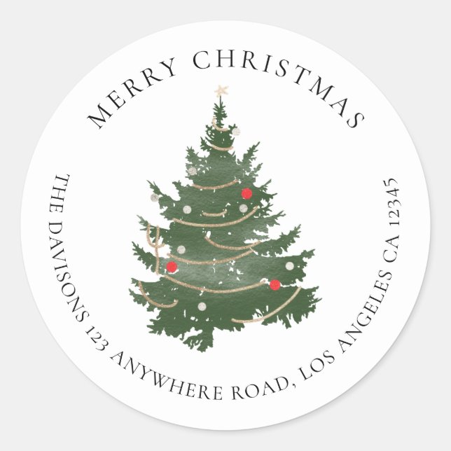 Merry Christmas Tree Name Return Address Classic Round Sticker (Front)