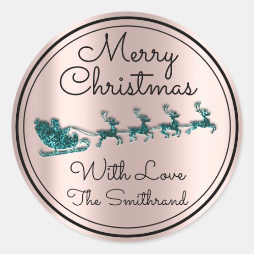 Merry Christmas Tree Name Rose Santa Sleigh Teal Classic Round Sticker
