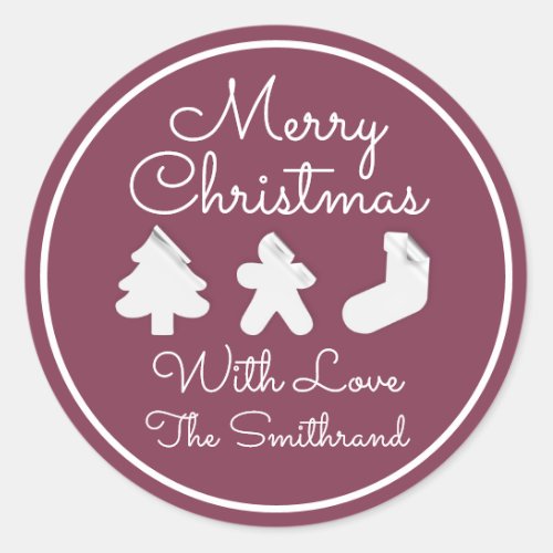 Merry Christmas Tree Name Rose White Framed C0 Classic Round Sticker